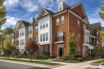Obraz premium Modern brick apartment building exterior with landscaped garden and trees under blue sky in residential neighborhood