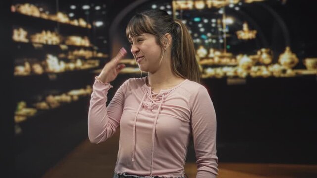 Woman pinches nose and grimaces, holding raised hand near face among glass display cases and gold artifacts in a museum; disgust.