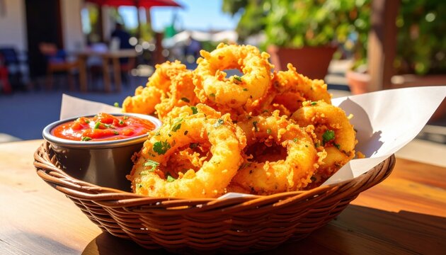 Crispy golden fried calamari rings served in a wicker basket with spicy aioli and a side of red sauce