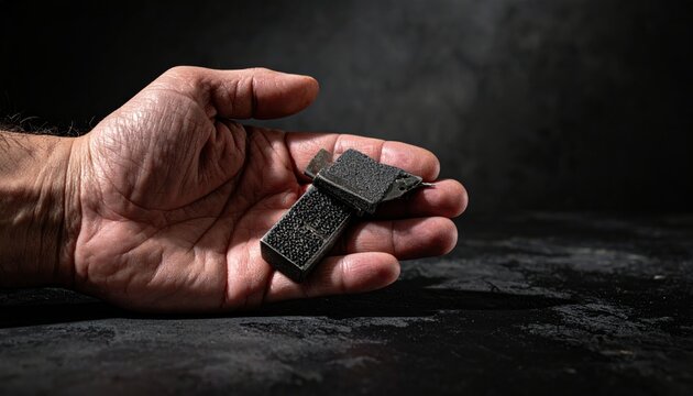Hand holding a small, compact handmade fire starter kit with flint and steel for outdoor survival