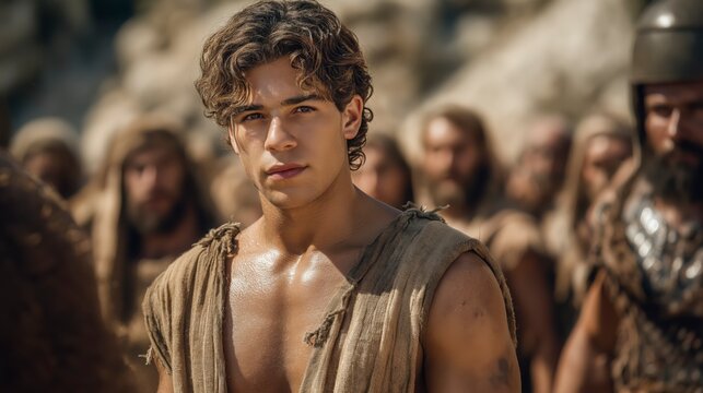 Young David faces Goliath in the Valley of Elah, courage against might, a defining moment where faith and resolve confront overwhelming power.
