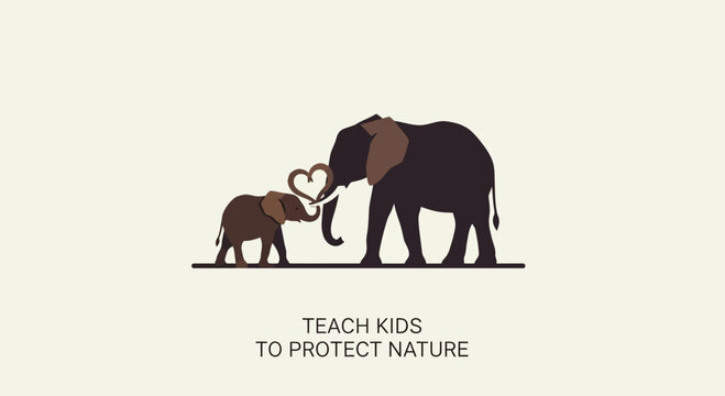 Illustration of mother elephant and calf forming a heart shape with trunks.