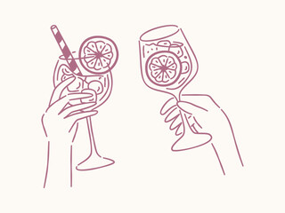 Fototapeta premium Minimal line art hands holding citrus cocktails, cheers toast illustration in modern aesthetic style