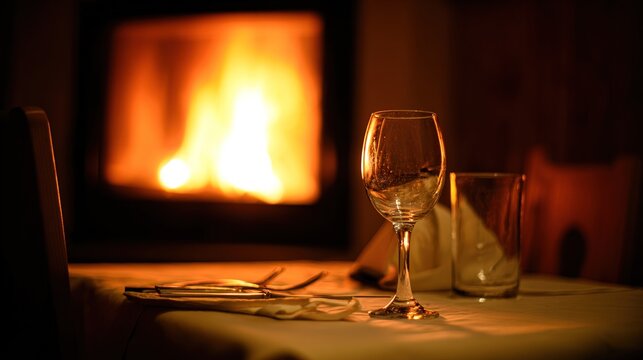 epilogue. A cozy dining room with a fireplace and a glass on the table. real-estate listings, architecture portfolios, designed for real-estate listing and luxury residence showcases.