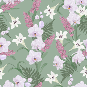 Delicate orchids, lilies, and hyacinth are showcased in this seamless vector illustration. This design would be perfect for decorating textiles, packaging, or wallpaper.