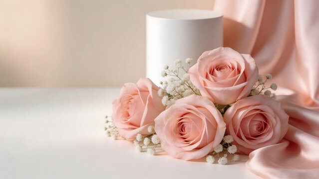 Pink roses with babys breath on white surface