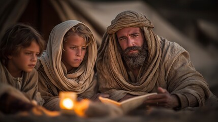 Fototapeta premium Fathers teach their children by lamplight at dusk, passing on the commandments in a quiet moment of faith, family, and living tradition. 