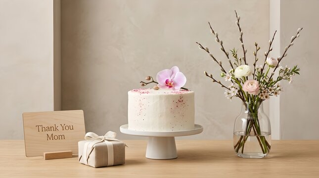 Happy Mother&rsquo;s Day Table Scene With Beautiful Cake, Fresh Flowers, and Gift Presentation