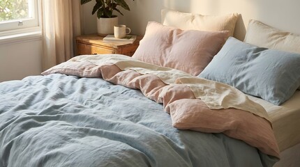 Obraz premium A neatly made bed with pastel colored pillows and a duvet in a serene and peaceful bedroom with natural light