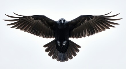 Fototapeta premium Majestic Black Raven in Full Flight Wings Wide Against Clear White Sky