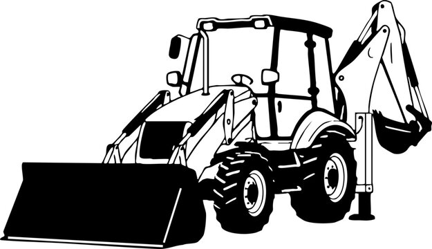 Black and white backhoe loader illustration on white background
