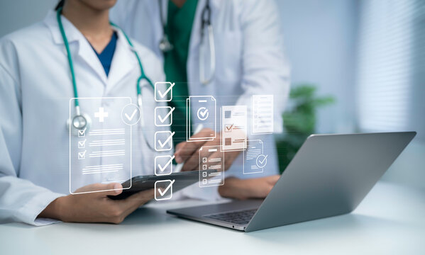 Doctor using tablet with digital medical checklist interface showing healthcare documentation workflow clinical data management quality control system modern hospital process optimization