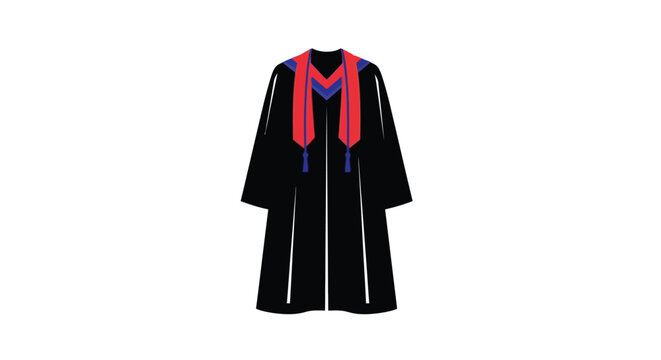 Black graduation gown with red and blue trim on transparent background silhouette