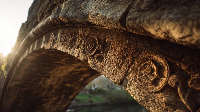 keystone. Ancient stone arch bridge keystone with intricate weathered carvings. real-estate listings, architecture portfolios, designed for real-estate listing and luxury residence showcases.