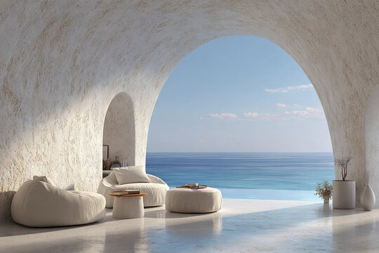 Cozy architectural interior design with curved arch opening to ocean view, featuring soft beige bean bag chairs and minimalist decor creating serene and inviting atmosphere