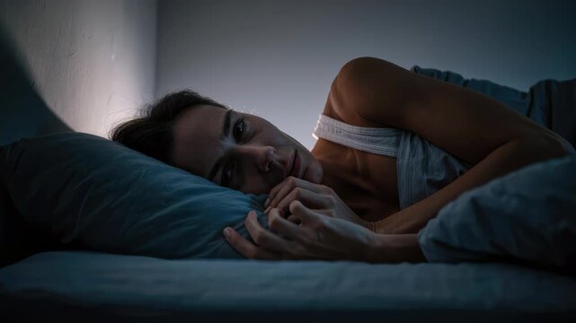 Woman lying awake in bed at night struggling with insomnia