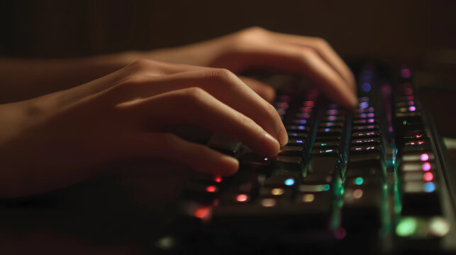 Professional coder typing on a high-tech gaming keyboard with colorful backlighting, Generative AI illustrations.