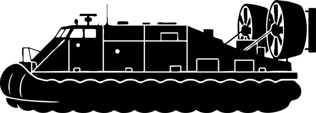 Black silhouette of a military hovercraft isolated on white