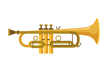 Obraz premium Golden trumpet with three valves and bell, perfect for musical performances and jazz bands, isolated on white background