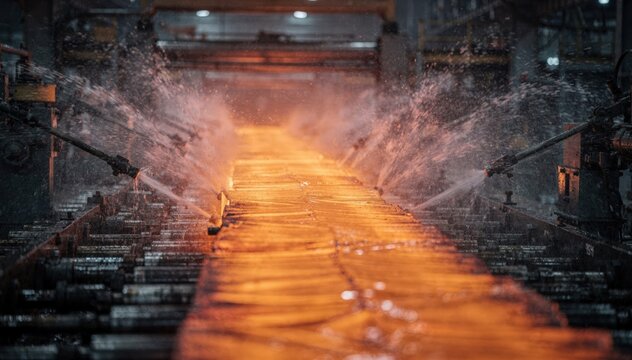 Hot strip of steel glowing intensely on the runout table as heavy cooling sprays envelop the area the medium shot blurs background details for dramatic focus.