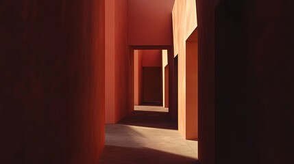 Fototapeta premium narrowing. Abstract architectural passage with distorted walls narrowing toward a distant light source, creating dramatic shadows. real-estate listings.