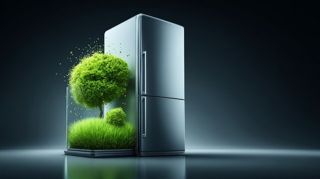 A creative concept of a refrigerator with a green landscape inside.