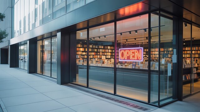 Modern glass storefront with open neon sign in urban street retail shop exterior