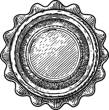 Vintage circular seal emblem with wavy edge border in detailed hand drawn sketch
