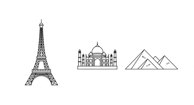 Famous Landmarks Collection Eiffel Tower Taj Mahal Pyramids Line Art.
