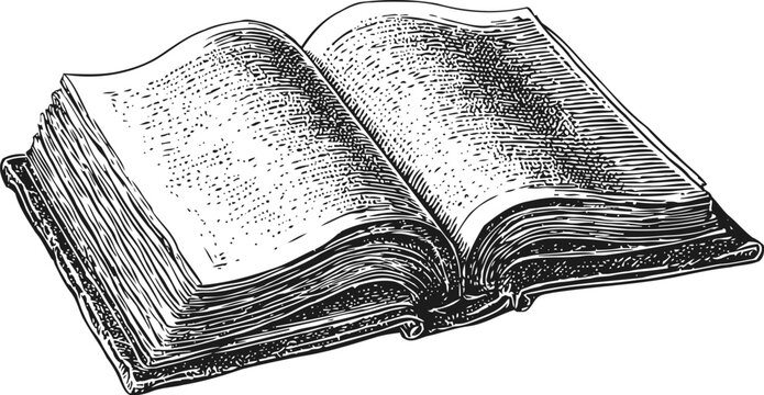Open book illustration vintage literature, old pages, classic reading, education concept, detailed line art