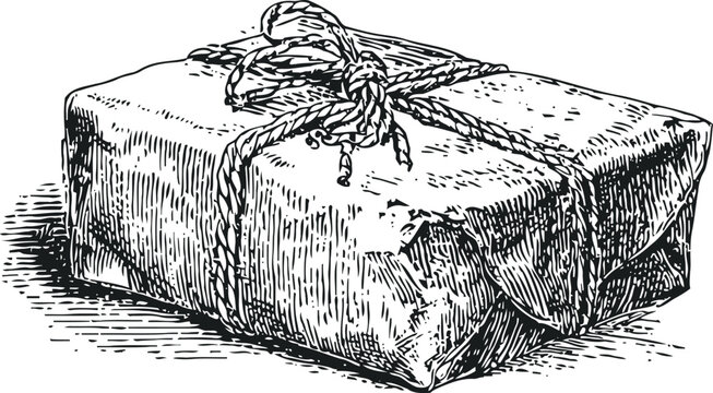 Vintage wrapped parcel tied with rope, old fashioned paper package illustration