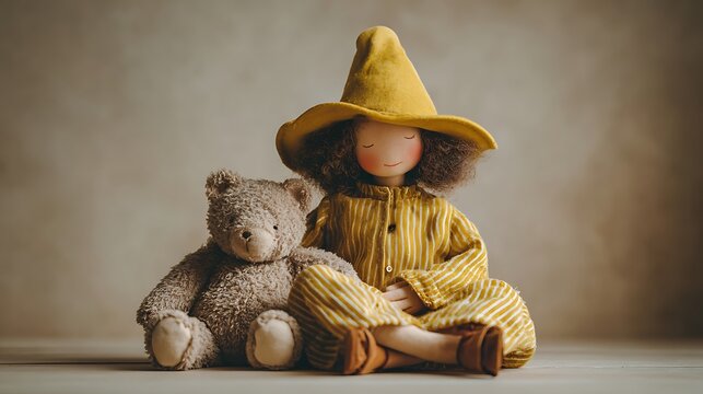 Handmade Fabric Doll Holding Teddy Bear in Cozy Knitted Outfit, Childhood Nostalgia Concept with Soft Beige Background and Gentle Diffused Lighting