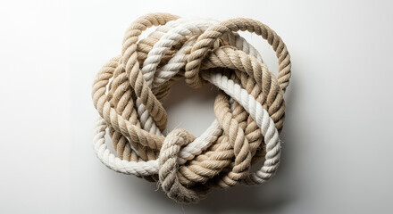 Fototapeta premium A close-up of a strong knotted jute rope with a rough texture provides a sense of security and nautical connection against an old brown wooden background