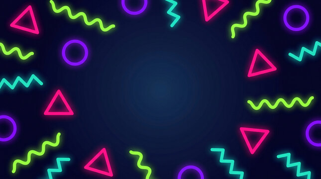 Neon geometric shapes border on dark blue background