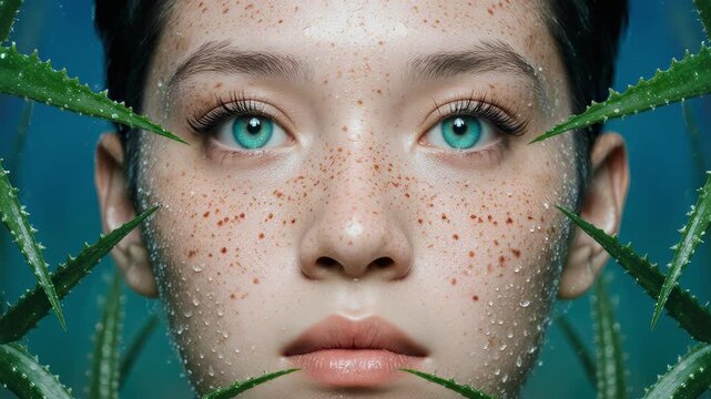 Close-up of a woman's face surrounded by green leaves, freckles accentuated, piercing blue eyes