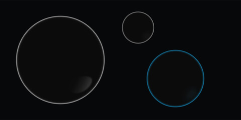 Abstract vector dark background featuring glowing soap bubbles floating in space with realistic transparency and blue outline highlights for creative digital design projects © CreativeMint