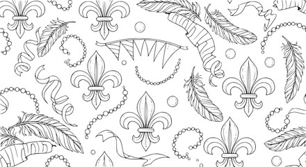 Seamless Mardi Gras Carnival Pattern with Fleur de Lis Feathers Beads and Ribbons Black and White Vector © MdAmzad