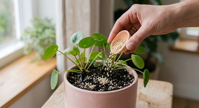 Hand adding fertilizer granules to a pilea peperomioides houseplant.