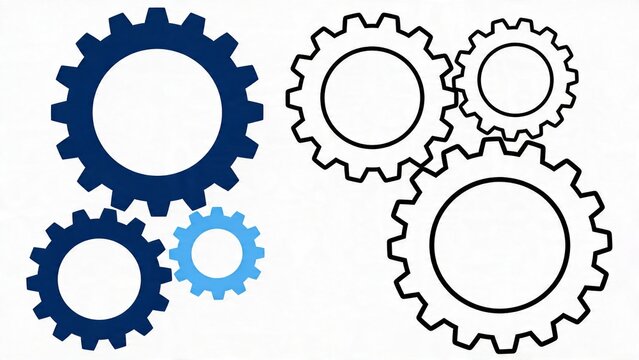  features two sets of gear icons on a white background. On the left, there are three interlocking gears in a solid style, with two in dark blue and one in light blue. The gears are arranged with the l