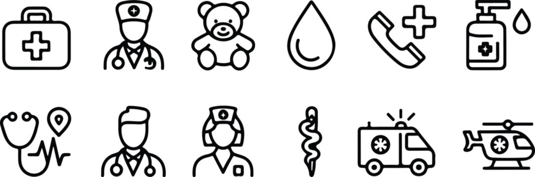 Pediatric healthcare thin outline graphic element collection with teddy bear medical cross phone emergency vehicle and sanitizer dispenser bottle icons