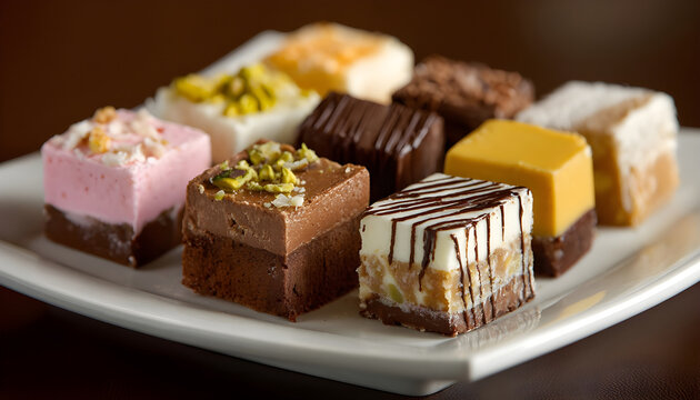 Assorted squares of sweet treats on a plate.