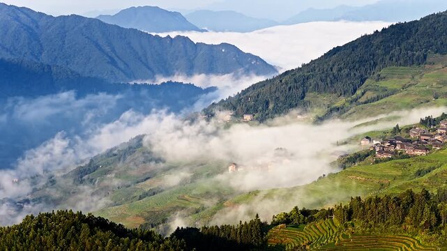 Aerial view of traditional mountain village surrounded by mist and clouds in Guilin, China.