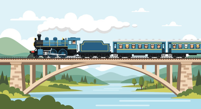 Vintage Steam Locomotive Train Traveling Bridge.