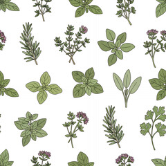 Obraz premium Herbs and leaves pattern on white background