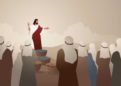 Biblical vector illustration series, Jesus feeds the five thousand or feeding the multitude