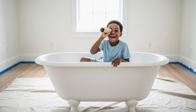 Happy young african boy playing in bathtub with toy telescope in bright bathroom. capturing childhood imagination and joy at home.