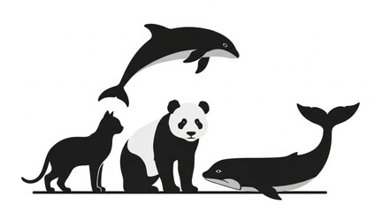 Collection of Diverse Animal Silhouettes Including Dolphin Panda Cat and Whales. © Kemin