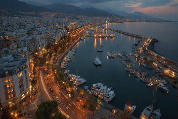 Fototapeta premium Coastal city marina at dusk with illuminated street lights, yachts docked in harbor, calm water reflecting city glow, and mountains in background creating peaceful atmosphere