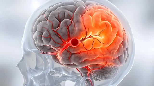 Medical Illustration of Human Brain with Highlighted Injured Area and Blood Vessels in a Transparent Skull Displaying Neurological Distress and