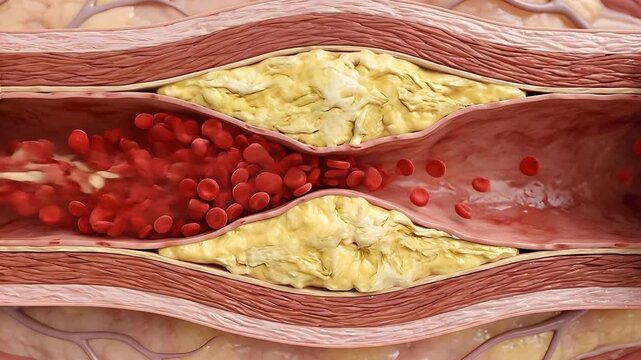Cross section of human artery showing plaque buildup cholesterol deposits narrowing blood flow with red blood cells